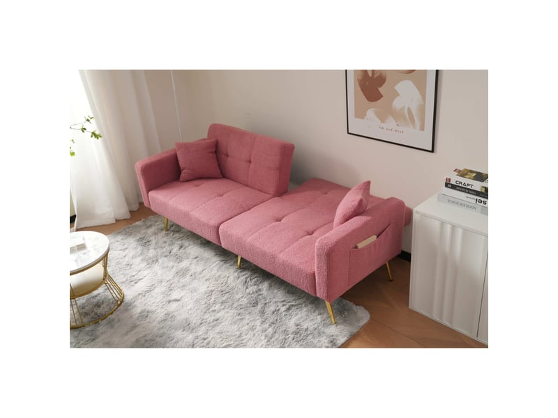  Canapé-lit 175x64x72 cm dossier réglable, poches latérales, pieds dorés, tissu sherpa rose  - Conforama C