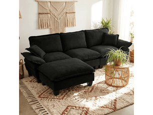 Canapé d'angle, canapé modulable, en chenille, noir, avec pouf, style cloud, mobilier pour espace de vie, pour salon et séjour
