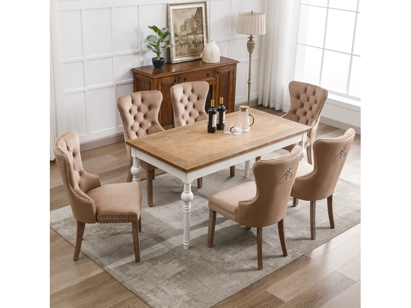  Chaise rembourrée à pieds réglables, clous décoratifs, velours et bois, coloris café clair  - Conforama B