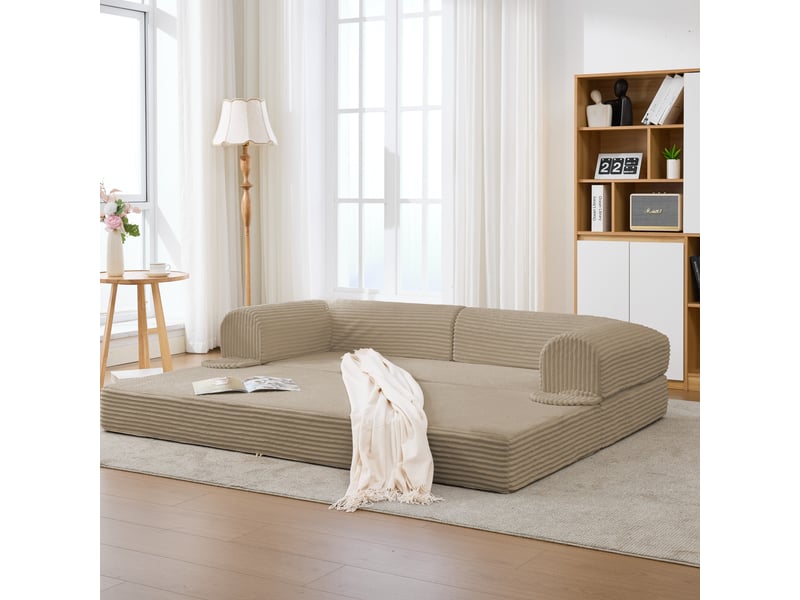  Canapé droit 2 places convertible lit, revêtement côtelé marron, structure stable pour salon moderne et espace réduit  - Conforama B