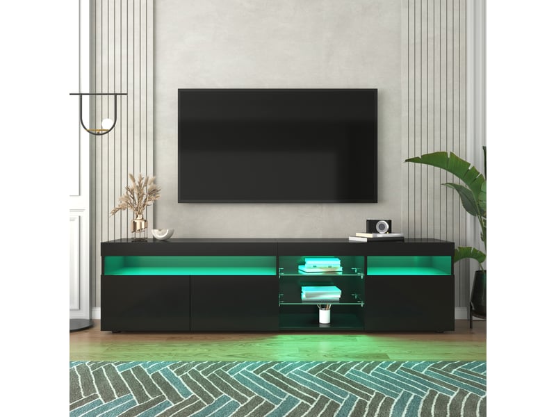  Meuble tv noir 180 cm moderne haute brillance avec éclairage led variable et étagères en verre  - Conforama D