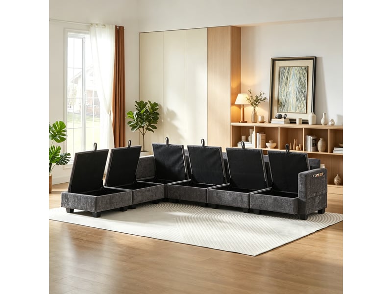  Canapé d’angle en chenille, forme u, ottomane rangement, 6 places avec méridienne, 87,6x289,6x141 cm, gris  - Conforama D