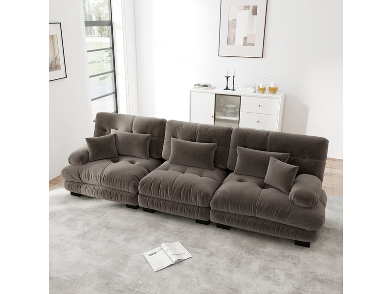 Canapé d'angle modulable 3 places en chenille marron, canapé convertible à assise profonde pour salon, appartement ou bureau - Conforama R