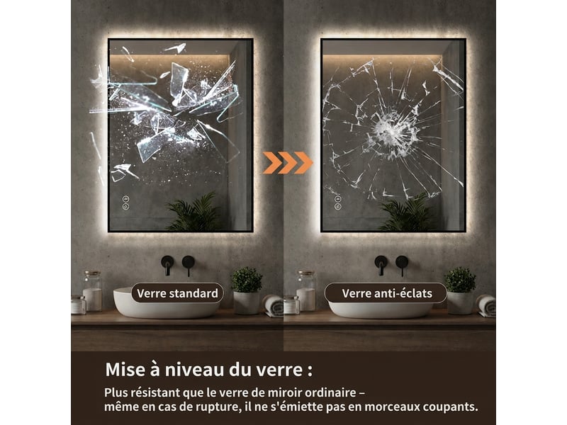  Miroir de salle de bain led 60x80 cm avec cadre en aluminium, rétroéclairé, anti-buée, 3 couleurs dimmables  - Conforama D