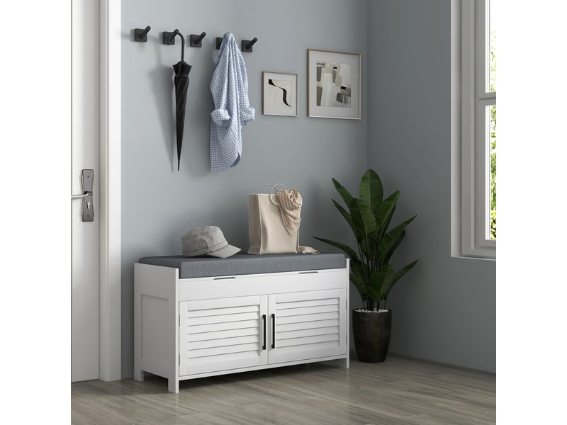  Banc à chaussures avec étagère intérieure réglable à 6 niveaux, en mdf et imitation lin, 90 x 36 x 50 cm, blanc et gris  - Conforama D
