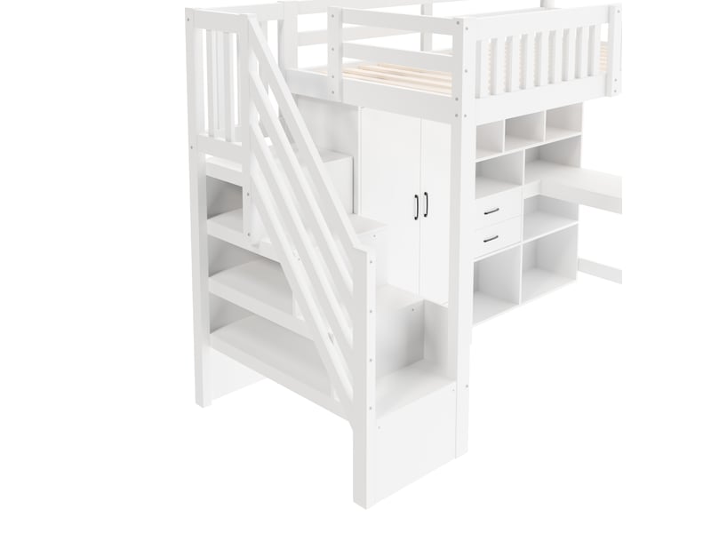  Lit mezzanine 90x200 cm avec échelle de rangement et armoire, lit 1 personne en blanc, lit enfant avec bureau et tiroirs  - Conforama B