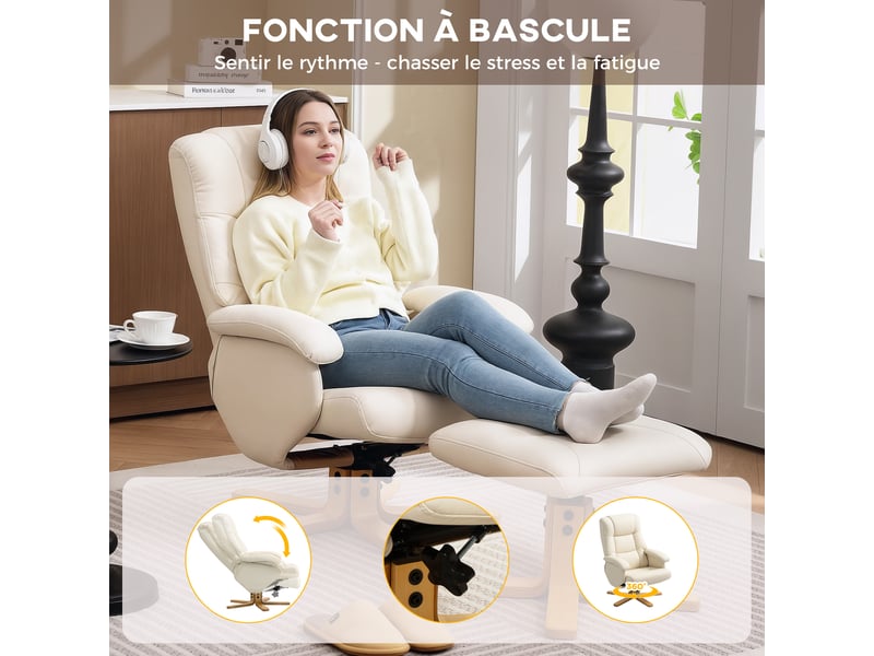  Fauteuil relax avec repose-pied fauteuil de relaxation pivotant 360° dossier inclinable charge 120 kg crème  - Conforama E