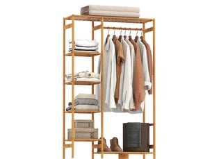 Portant à vêtements, penderie avec tringle, étagère à chaussures, armoire en bambou et bois naturel