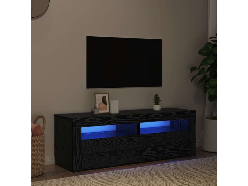  Meuble tv - banc tv - meuble de rangement avec éclairage led en chêne noir 120 x 35 x 40 cm bois d'ingénierie  - Conforama C