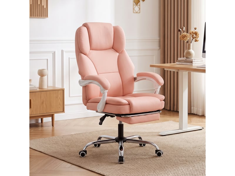  Chaise bureau ergonomique, fauteuil de bureau inclinable en cuir synthétique adapté aux animaux, hauteur réglable, rose  - Conforama A