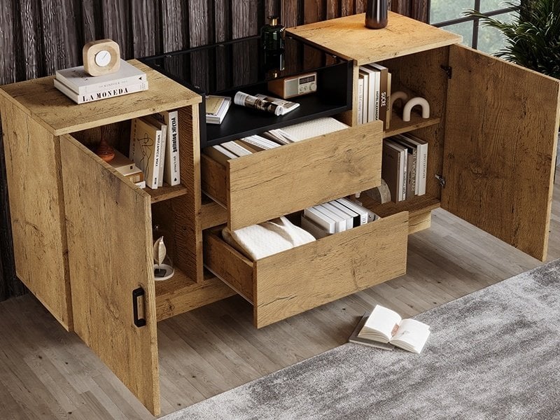  Commode à 2 tiroirs et 2 portes, 140 x 40 x 70 cm, niche ouverte et verre trempé teinté, effet chêne clair  - Conforama B