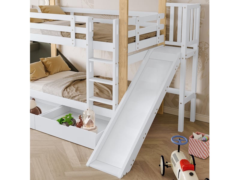  Lit superposé maison, 90x200 cm, 2 tiroirs, lit enfant avec toboggan, matelas non inclus, mdf, coloris blanc et naturel  - Conforama E