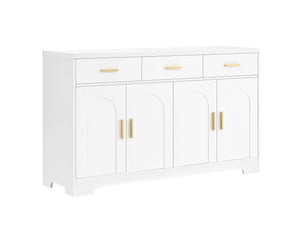 Buffet blanc 140x40x83 cm, meuble de rangement moderne avec 4 portes et 3 tiroirs, idéal pour décoration et petits électroménagers en entrée ou cuisine