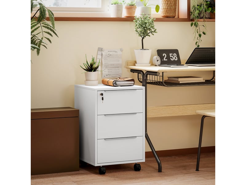  Commode à 3 tiroirs, roulettes, serrure et 2 clés, idéale pour un bureau ou un salon, 40 x 40 x 63,5 cm, blanche.  - Conforama B