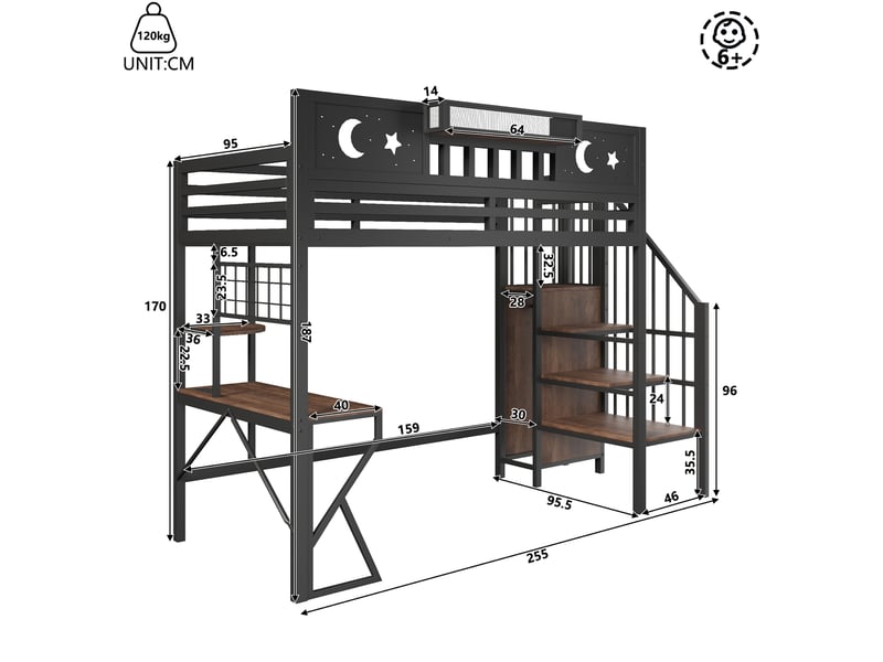  Lit mezzanine 90x200 cm – avec double échelle et espace sous lit modulable – métal – noir evarich - Conforama C