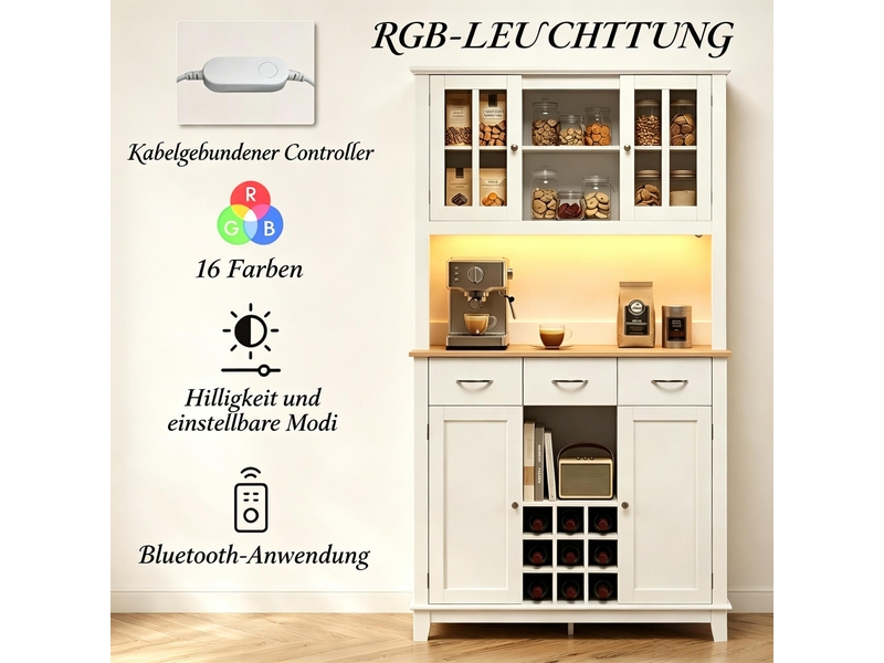  Meuble de cuisine avec éclairage led 4 portes 3 tiroirs blanc et chêne 100x39.5x180 cm  - Conforama D
