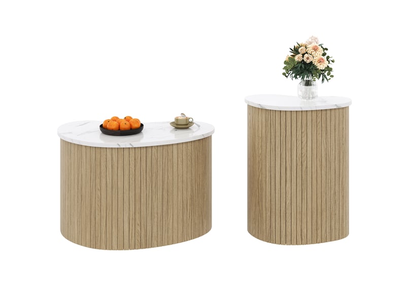  Lot de 2 tables basses 60x37x3840x25x50 cm, forme asymétrique, style scandinave, effet marbre et bois - naturel et blanc  - Conforama A