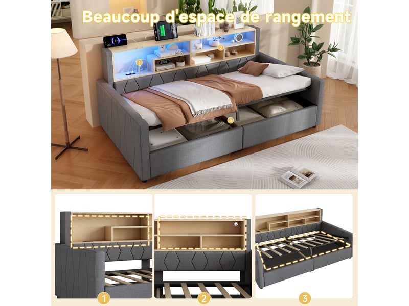 Lit coffre hydraulique 90x200 cm avec led, usb-a et usb-c, tissu lin gris, structure mdf, sans matelas - Conforama R