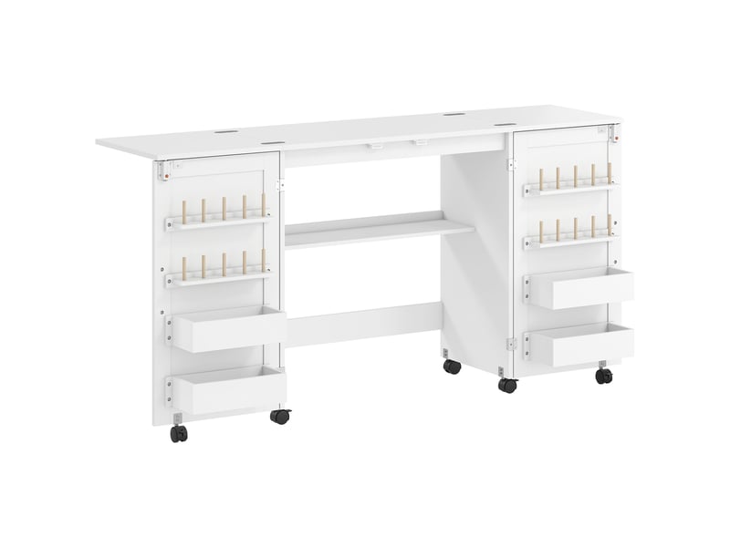  Table de couture pliante, meuble couture à roulettes, 2 portes magnétiques, 4 bacs, 20 crochets, blanc, 160x40x81,5cm  - Conforama B