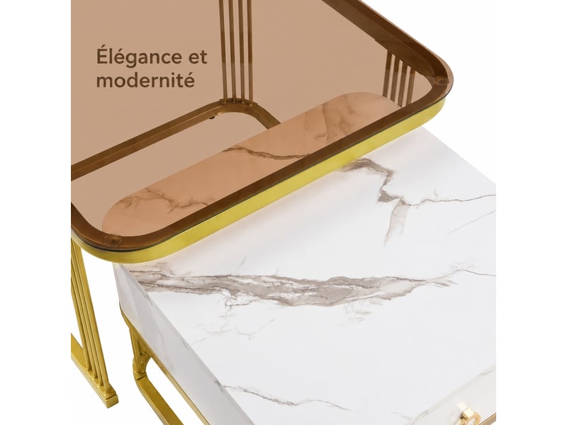  Ensemble de 2 tables basses gigognes effet marbre brillant avec plateaux en verre brun, blanc et doré  - Conforama E