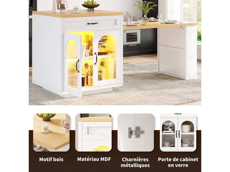  Îlot de cuisine extensible,avec éclairage led rgb télécommande &amp; minuterie,avec plan de travail &amp; 2 tiroirs &amp; porte,blanc  - Conforama B