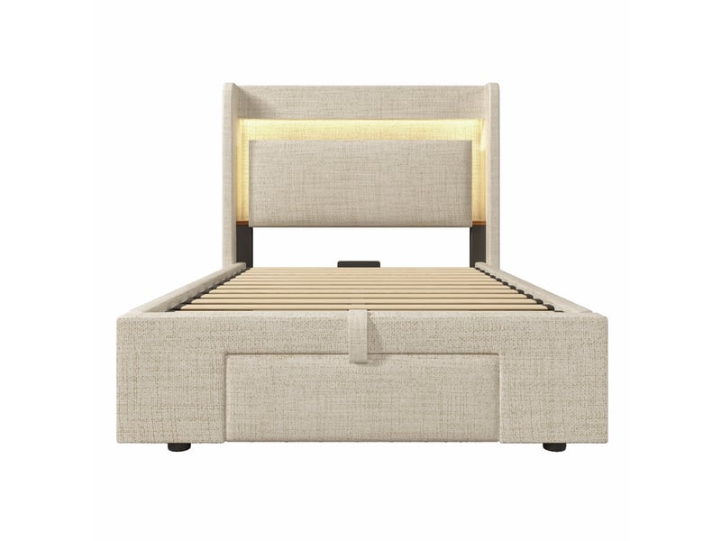 Lit coffre beige 90x200 cm avec led et usb - Conforama W