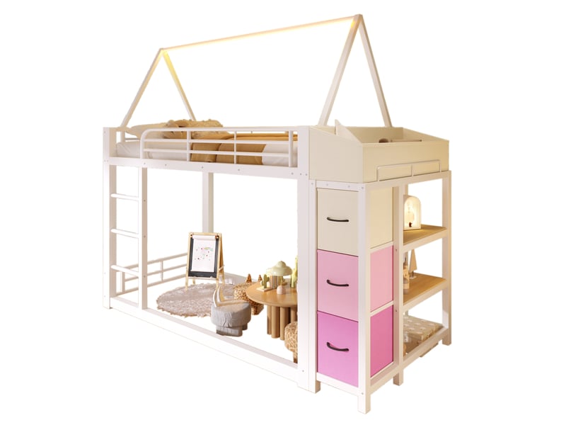  Lit mezzanine cabane 90 x 200 cm avec étagères ouvertes, tiroirs en tissu et led multicolore, structure en mdf et métal blanc, sans matelas  - Conforama A