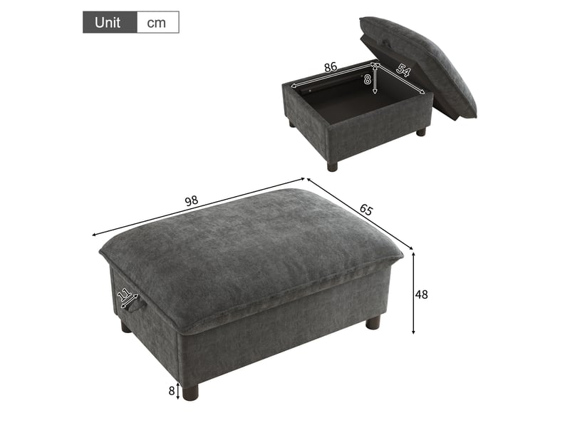  Pouf coffre en chenille gris, repose-pieds rembourré, banquette rangement 98x65x48 cm  - Conforama C