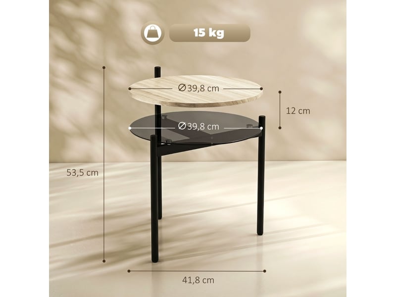  Table d'appoint ronde 41,8 x 39,8 x 53,5 cm - chêne clair - étagère ouverte en verre et pieds réglables  - Conforama C