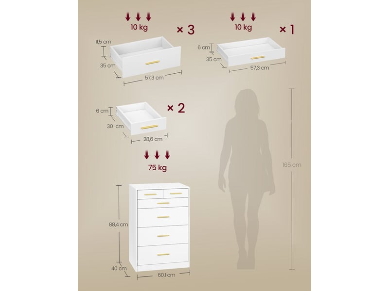  Commode de chambre moderne avec 6 tiroirs 40 x 60 x 88 cm rangement fonctionnel en mdf blanc 12_0013133  - Conforama B