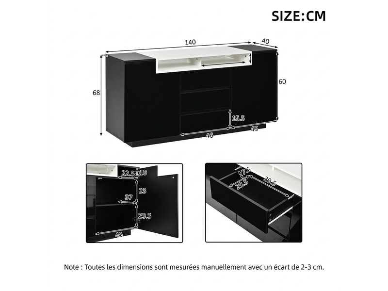  Buffet noir brillant 140 cm avec led - 2 portes 3 tiroirs - meuble salon de rangement  - Conforama C