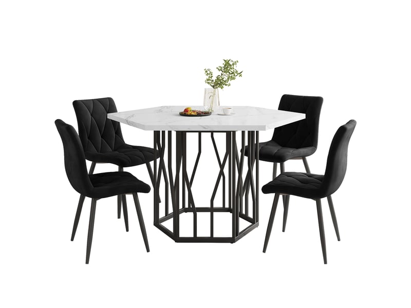  Ensemble table hexagonale effet marbre + 4 chaises velours noir – design contemporain pour salon et salle à manger  - Conforama A
