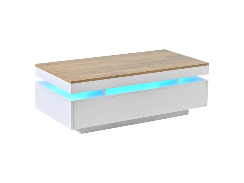  Table basse 100 x 50 x 35 cm avec 2 tiroirs, table d'appoint led laquée brillante, table à thé, console, table de salon, table basse, blanc et bois.  - Conforama E