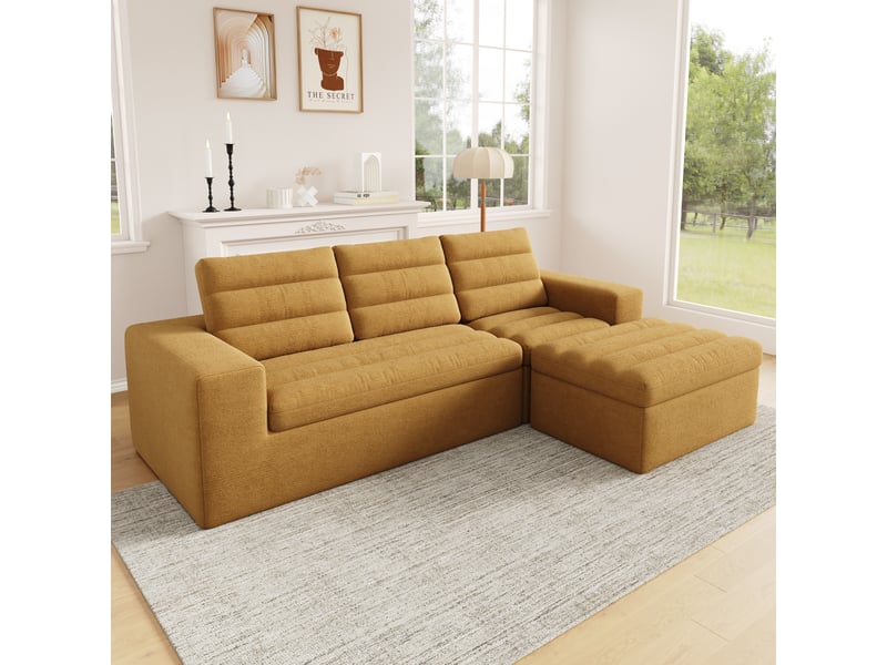 Canapé d'angle modulable 4 places en chenille orange sans armature avec pouf - Conforama R