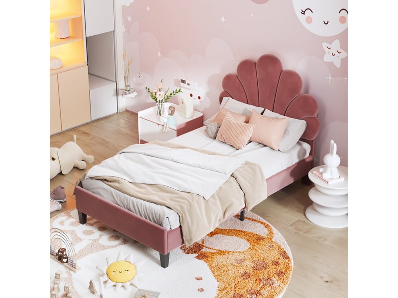  Lit enfant 90x200 cm avec tête de lit fleur et sommier à lattes rouge  - Conforama C
