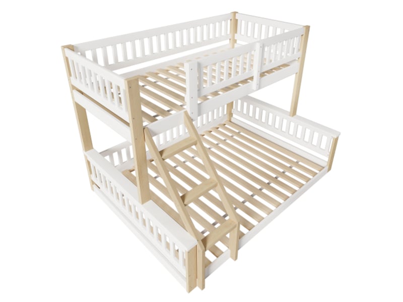  Lit superposé avec rangement fonctionnel 90x200+140x200 | blanc et bois naturel, échelle, barrière, sans matelas  - Conforama D