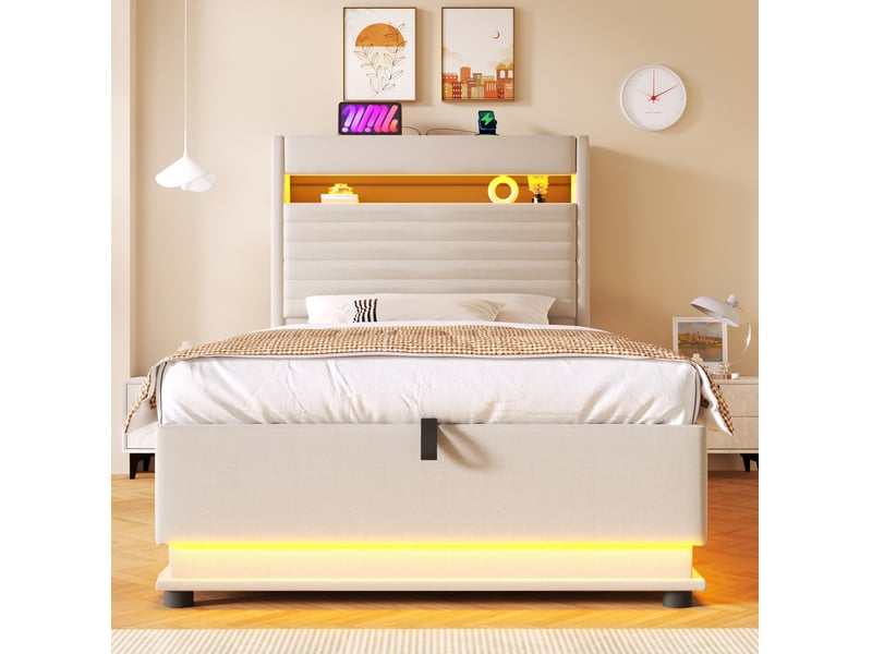 Modenvie lit coffre 90x200 cm - rangement hydraulique, led et ports usb usb-c - sans matelas - beige  - Conforama E