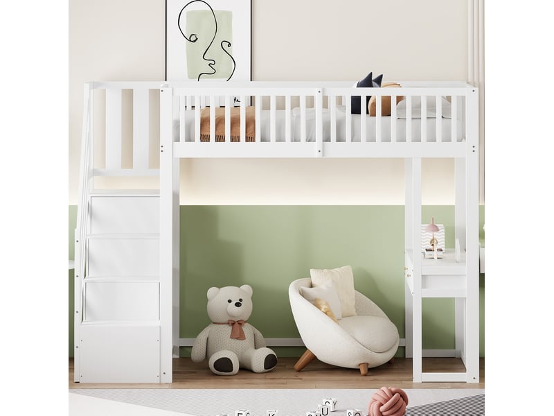  Lit mezzanine 90x200 cm, espace de rangement, avec bureau et escalier de rangement, bois, couleur blanc, sans matelas  - Conforama D