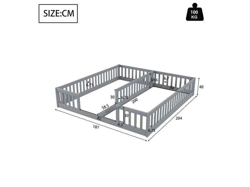 Lit enfant double au sol 2 x 90 x 200 cm avec barrières, gris, sans sommier à lattes - Conforama C