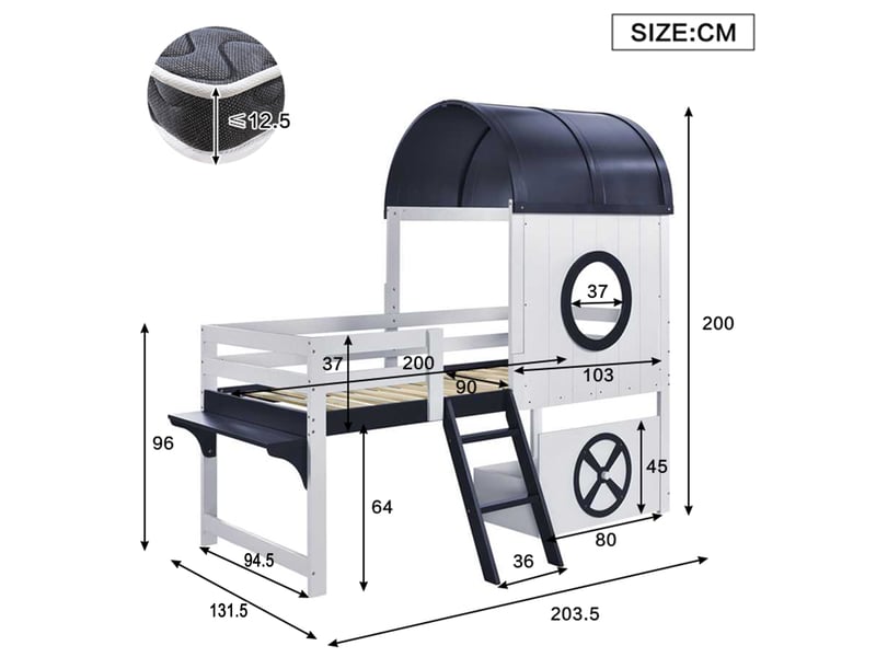  Lit mezzanine enfant 90 x 200 cm avec toit, tiroir à roulettes et échelle  - Conforama C