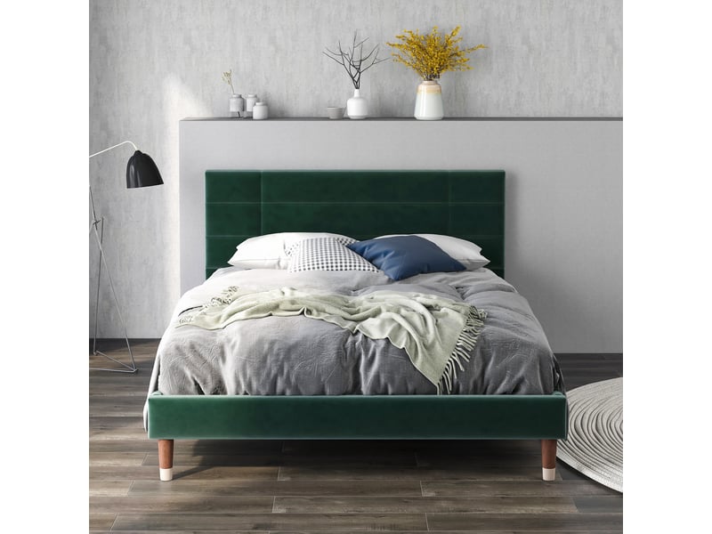  Lit adulte 140x200 cm, tête de lit, structure en bois, sommier, style moderne, lin vert, sans matelas  - Conforama B