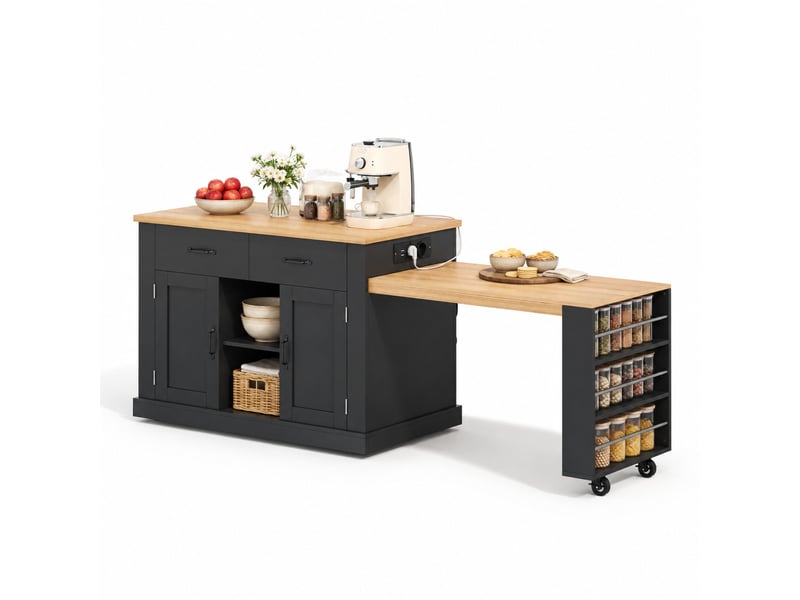 Îlot de cuisine noire avec table extensible, 132x60x93 cm, 7 roulettes - Conforama A