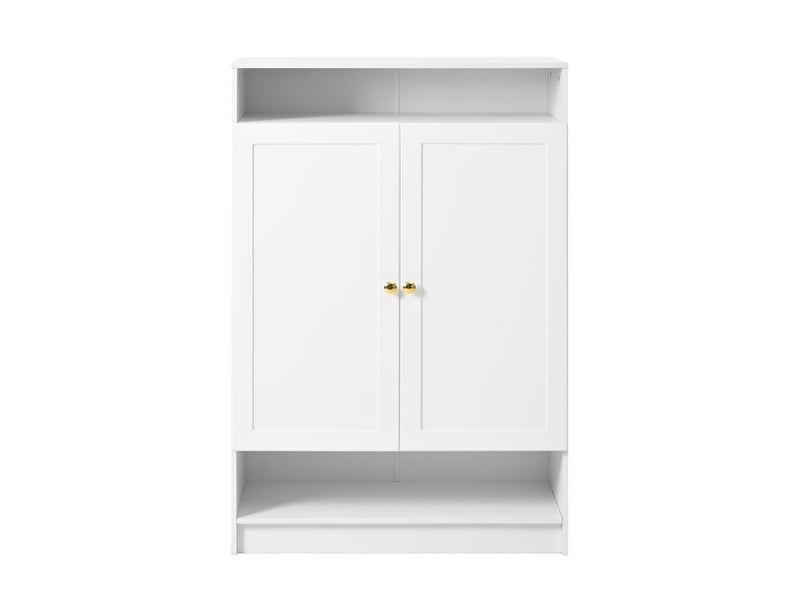  Meuble à chaussures ulevr 2 portes avec rangement, étagères réglables, 146 x 34 x 109 cm, panneaux de particules blancs et poignées dorées  - Conforama E