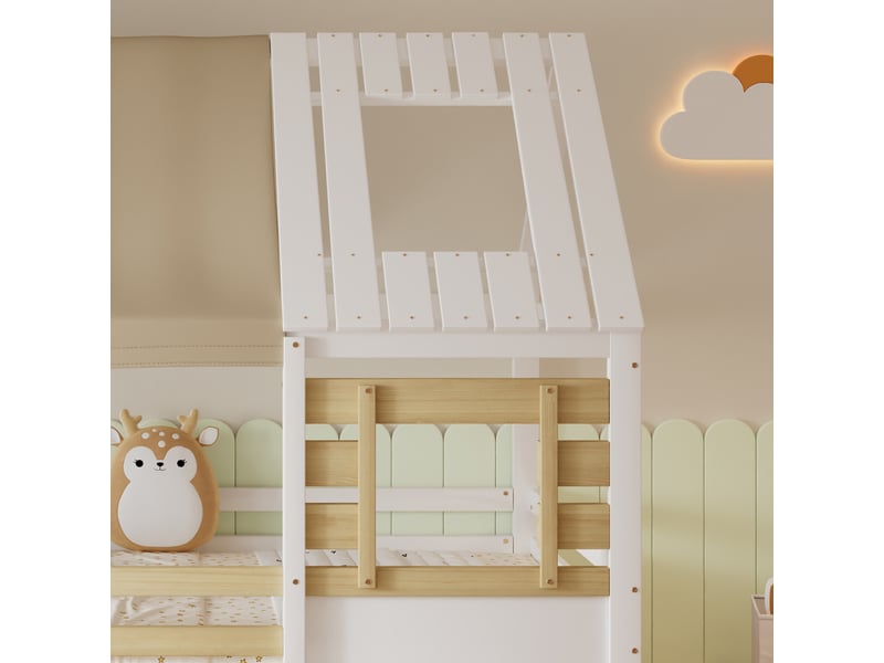 Lit cabane enfant 120x200 cm, lit au sol, toit et fenêtres décoratifs, charge maximale 200 kg, bois massif et mdf blanc et naturel OPULERANE TRADING LTD - Conforama E