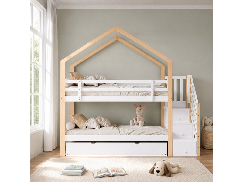 Lit superposé enfant 90x200 cm avec lit coulissant 90x190 cm, blanc et naturel - Conforama B