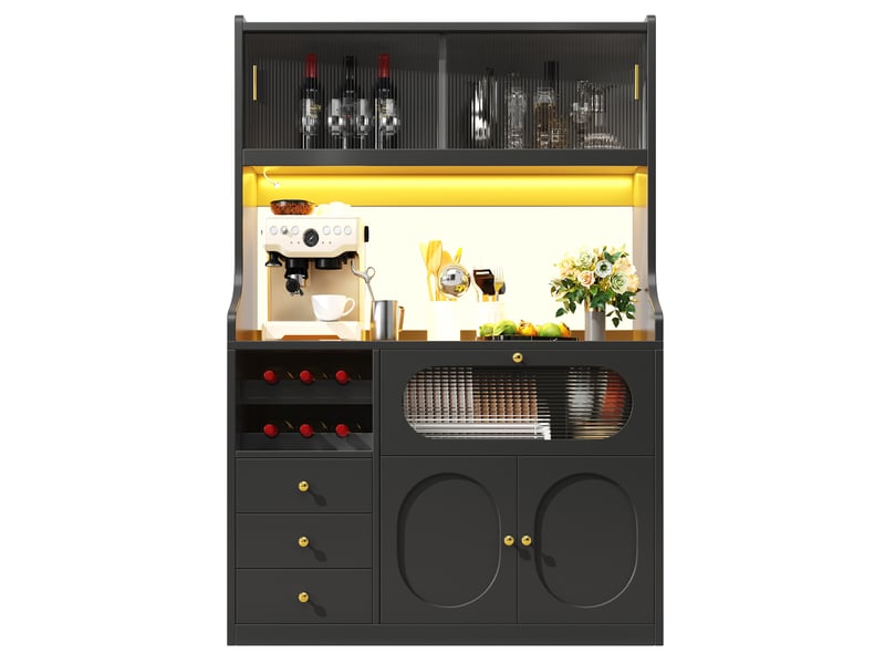 Meuble haut de cuisine 120x40x180 cm, casier à vin et 3 tiroirs, led rgb avec application, structure en mdf, noir - Conforama A