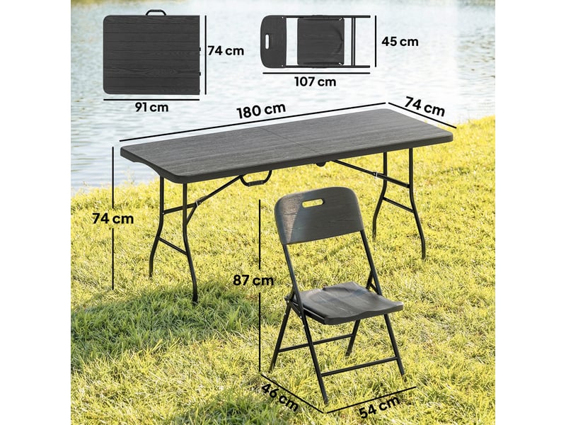  Ensemble table et chaises de camping 5 pièces avec table pliante et 4 chaises, en pehd et métal noir  - Conforama E