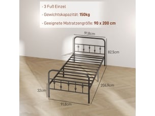 Cadre de lit métal 90x200 noir, lit simple avec sommier intégré, 82,5 cm de hauteur, sans matelas.
