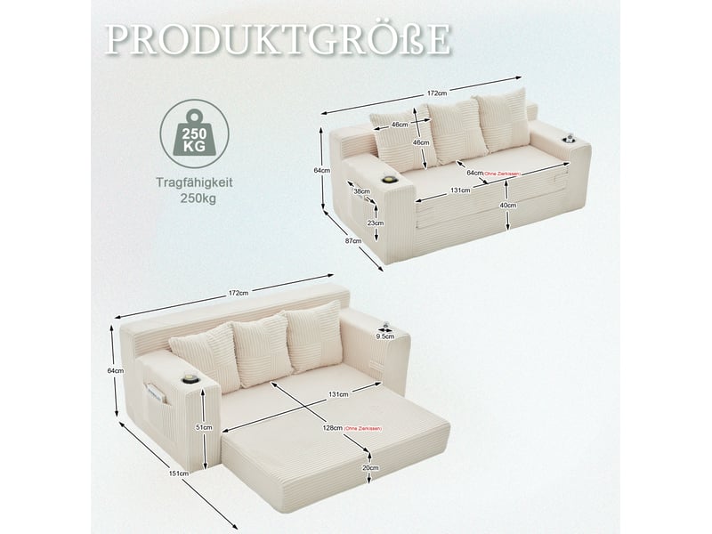  Canapé 3 places modenvie modulable en velours côtelé beige avec porte-gobelets et poches latérales, design sans cadre, 172 x 87 x 64 cm  - Conforama C