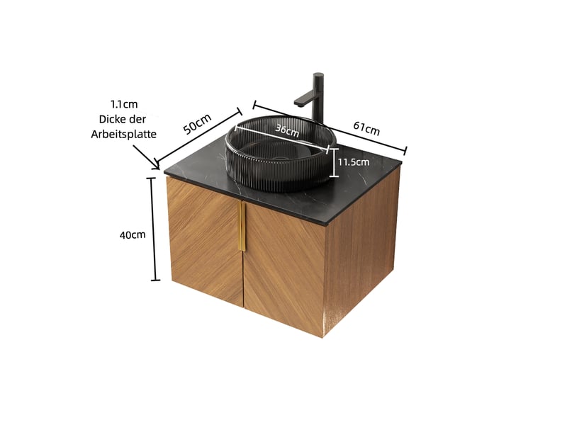  Meuble vasque suspendu 2 portes à fermeture douce - lpospi - rangement, verre trempé et pierre frittée - noir, chêne brun  - Conforama D